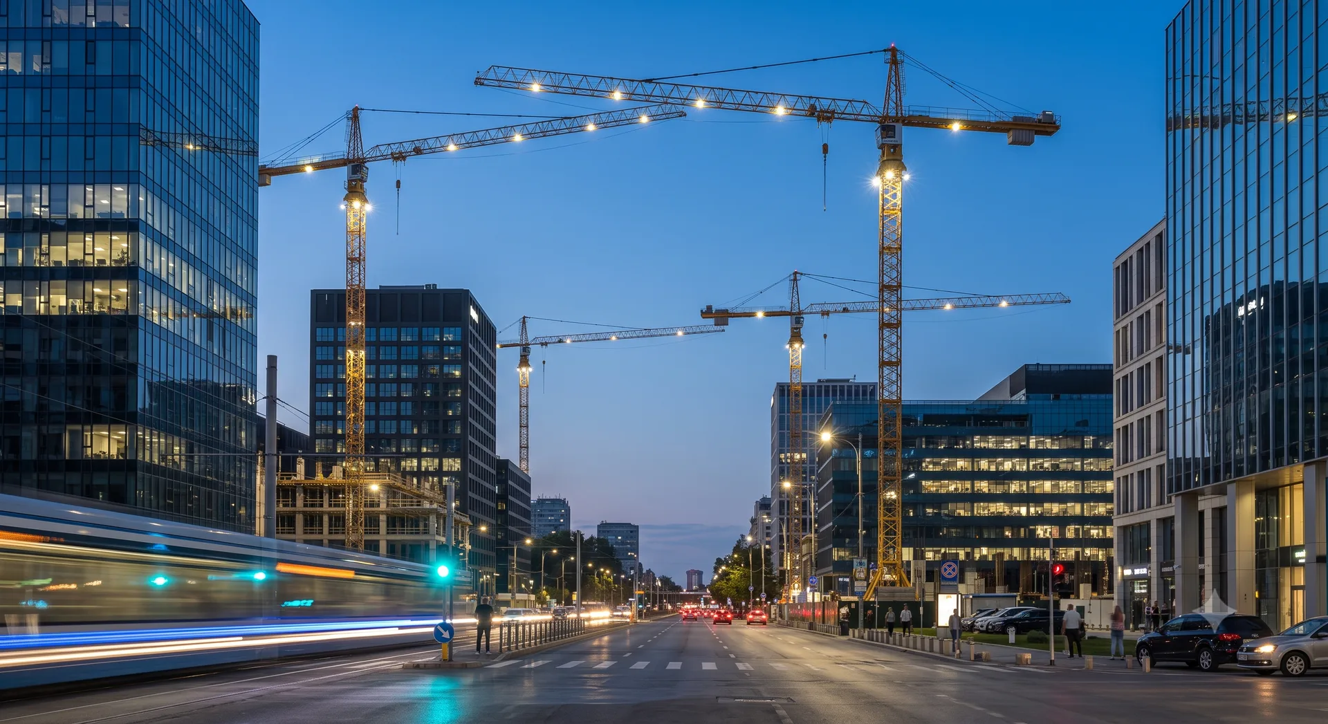 București la ora albastră, cu macarale pe un șantier de dezvoltare imobiliară